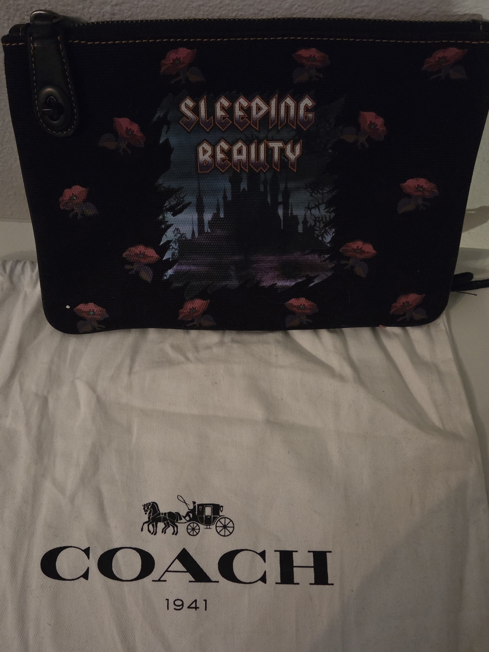 Coach x Disney 'Sleeping Beauty' Floral Zip Pouch- Black NWOT - Picture 2 of 7